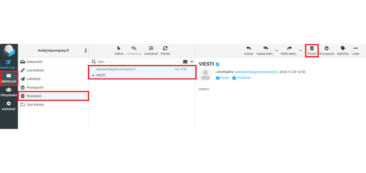 Jos haluat lopullisesti poistaa viestin sen voi thedä roskakori kansiosta painamalla poista nappia uudelleen.