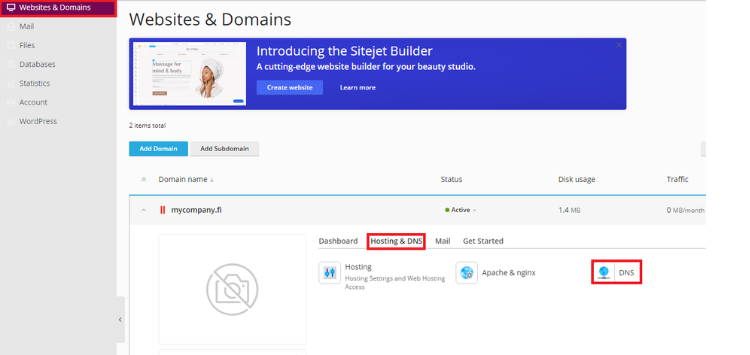 Go to the Websites & Domains tab from the left side of the screen, then click DNS & Hosting -> DNS to see your DNS settings. Go to the Websites & Domains tab from the left side of the screen, then click DNS & Hosting -> DNS to see your DNS settings.