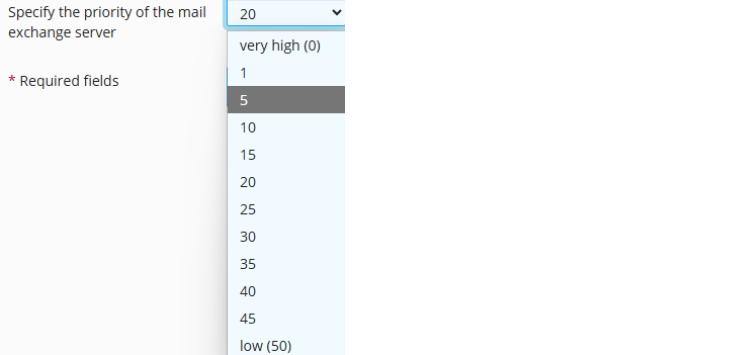 The dropdown list to set priority for email servers priority. The smaller the number, the bigger the priority. Priority only matters if you have assigned several mail servers for the same domain. The dropdown list to set priority for email servers priority. The smaller the number, the bigger the priority. Priority only matters if you have assigned several mail servers for the same domain.