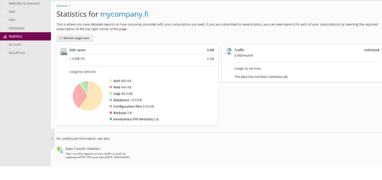 In the 'statistics' page, you'll find a graphical analysis of your domains' disk usage and traffic. In the 'statistics' page, you'll find a graphical analysis of your domains' disk usage and traffic.