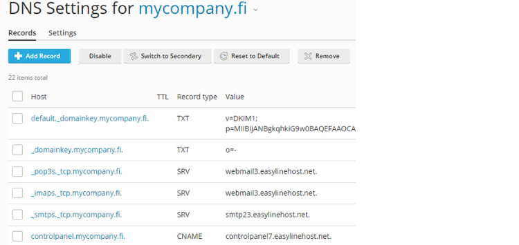 Click the name of the DNS record to modify its settings. Click the name of the DNS record to modify its settings.